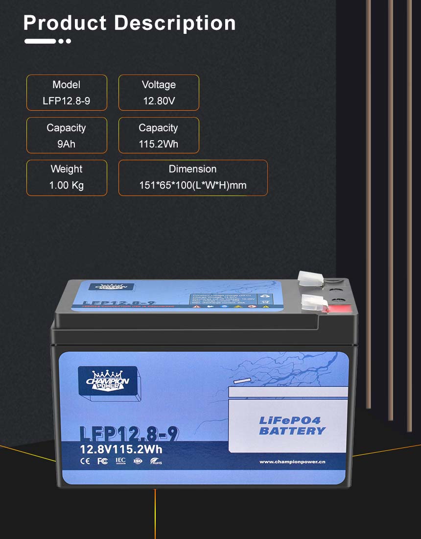 Spécifications de la batterie de la batterie de la batterie LifePO4 12V9AH