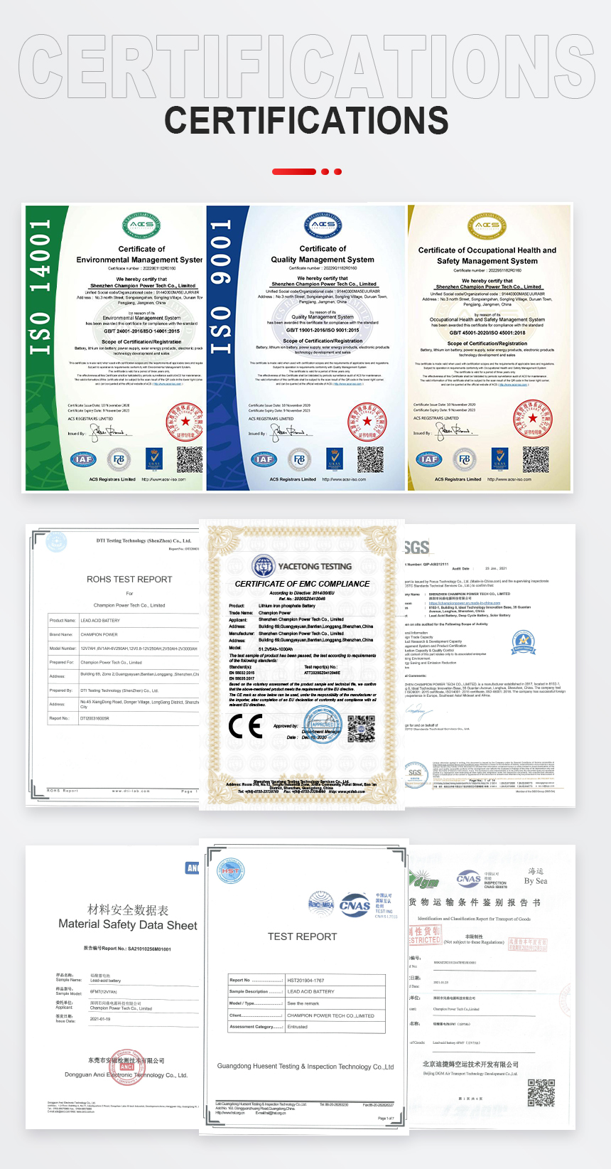 Certificat de batterie AGM VRLA