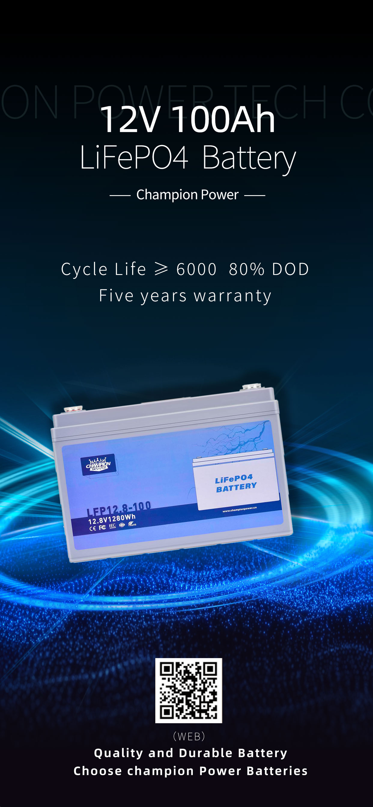 Champion Power 12V100AH Batterie au lithium: performances durables, garantie de 5 ans, personnalisable!